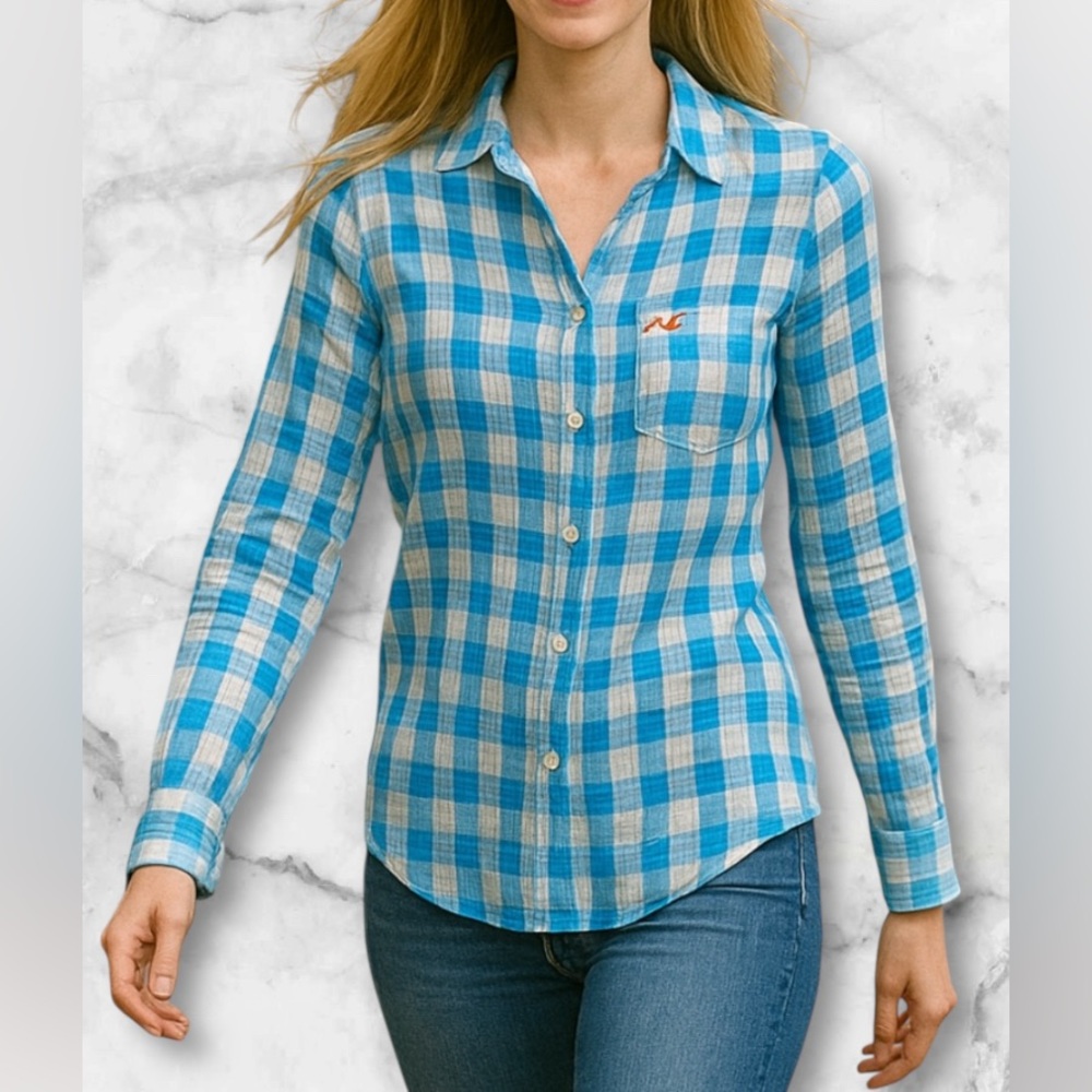 Hollister Vintage Y2K Plaid Button Up Shirt Blue Logo White Size XS